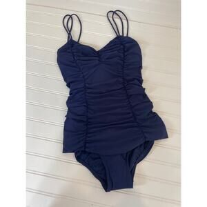 NWOT Michael Kors Swimsuit Navy Blue Ruched Strappy V-Neck 1 PC One Piece Sze XS